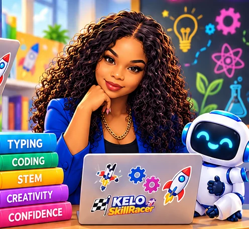 Queen K at a KELO SkillRacer laptop beside the KELO robot, with books labelled Typing, Coding, STEM, Creativity and Confidence