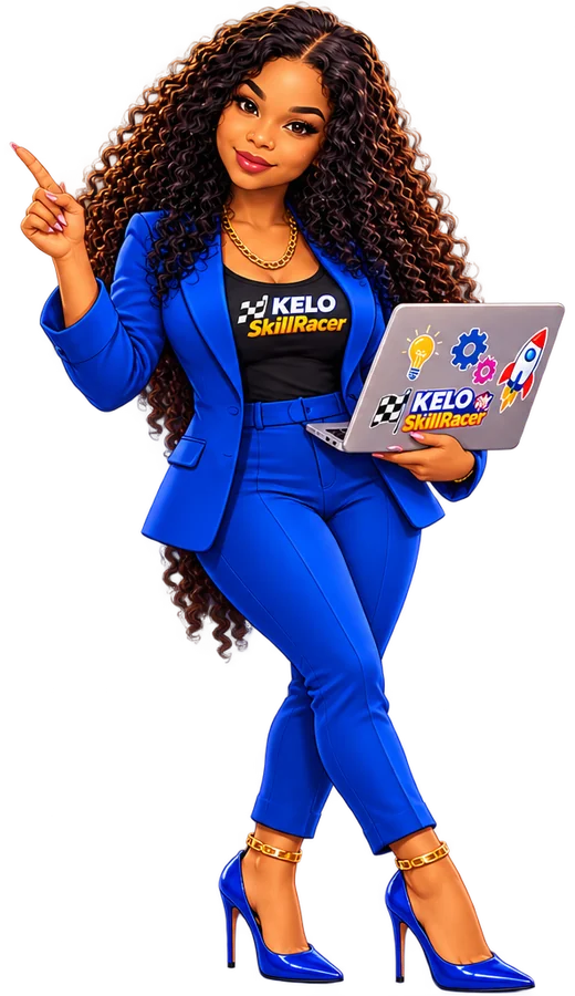Queen K, the KELO SkillRacer guide, smiling and pointing while holding a KELO laptop