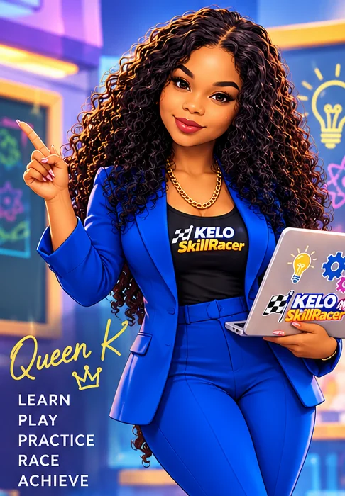 Queen K pointing, with the words Learn, Play, Practice, Race, Achieve