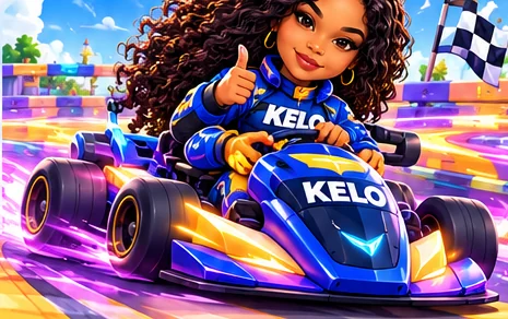 Queen K giving a thumbs up while driving the blue KELO race kart