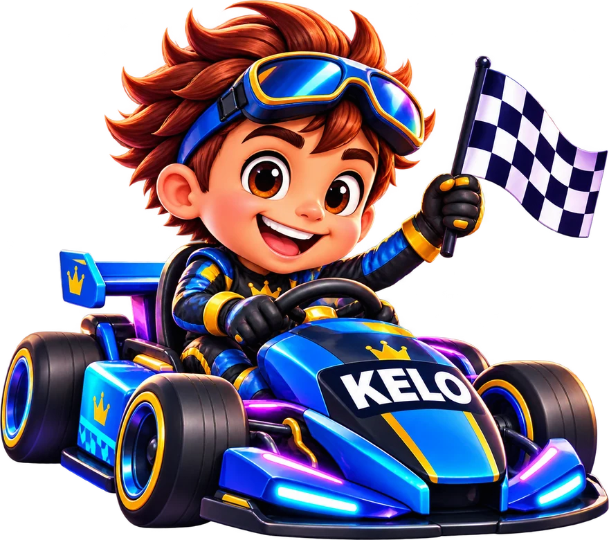 A young KELO racer driving a blue KELO kart and waving a checkered flag