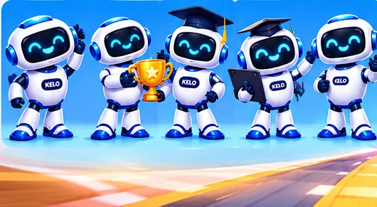 Five KELO robots celebrating with a trophy, graduation caps and a tablet
